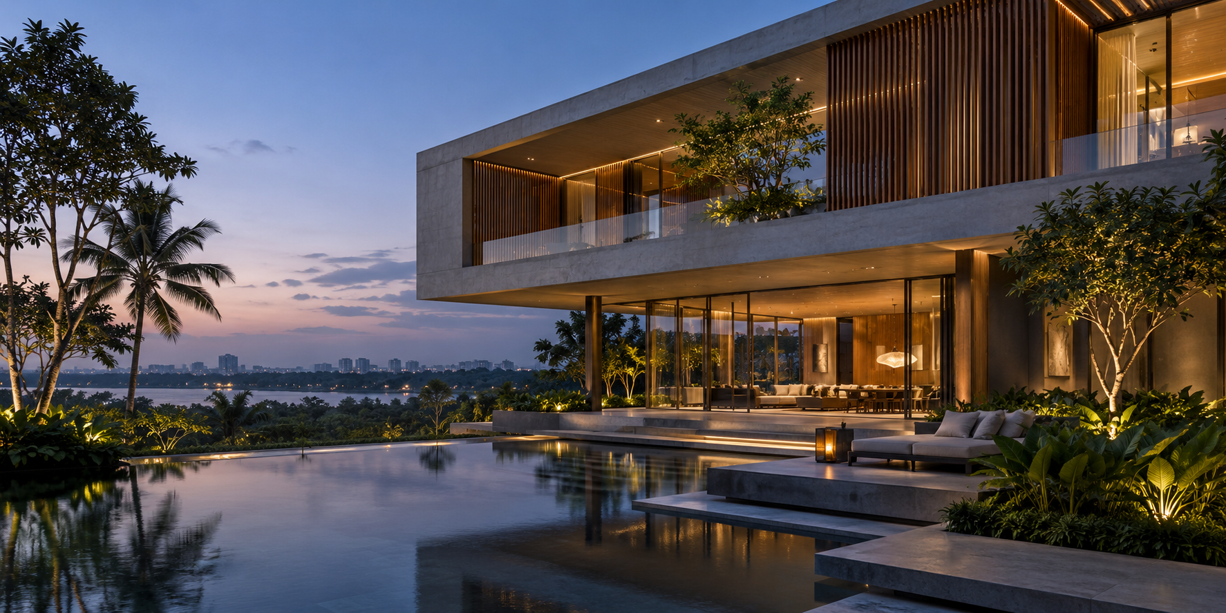 Contemporary luxury residence at dusk